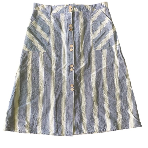 Alya Modest Cotton Blue Chambray Striped Midi Cottagecore A-line Skirt Sz M - Picture 1 of 10